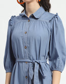 Madame Cotton Blend Belted Waist Blue Midi Shirt Dress