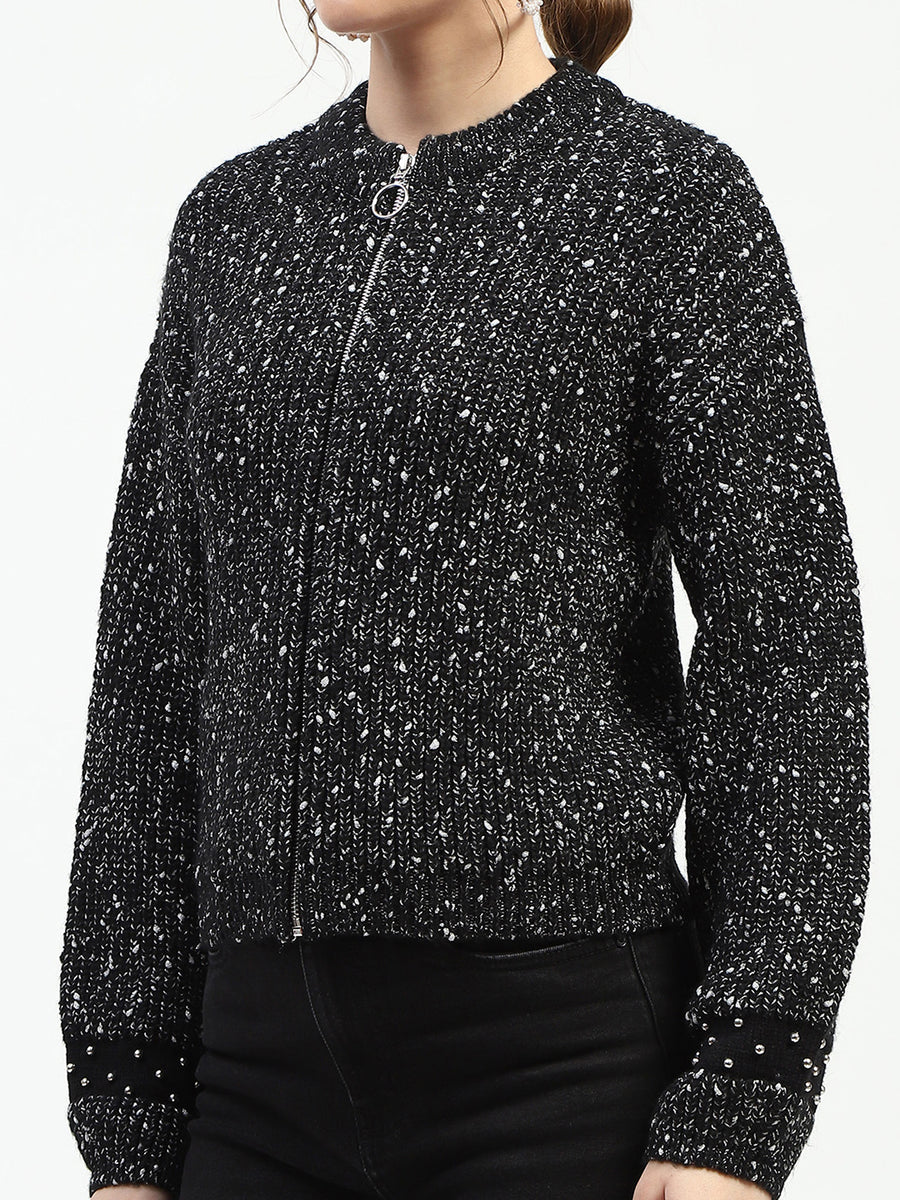 Madame Black Speckled Pullover Sweater with Half-Zip