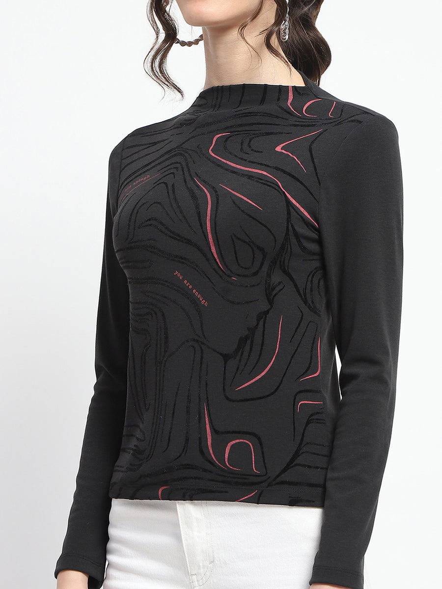 Madame Abstract Print Sleeve Crew Neck Black Top