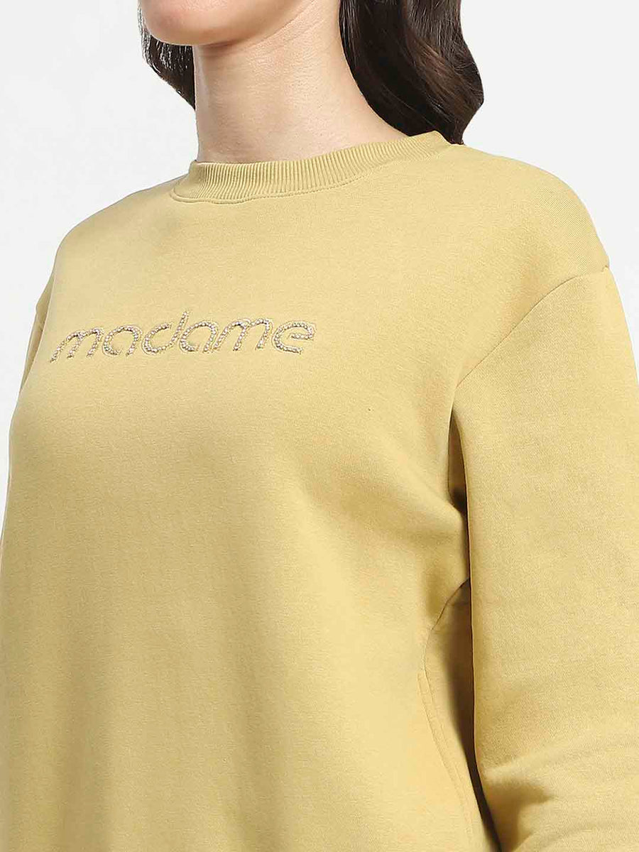 Madame Fleece Handwork And Embroidered Golden Yellow Sweatshirt  For Women