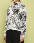 Madame Abstract Print Mock Neck Off White Sweater