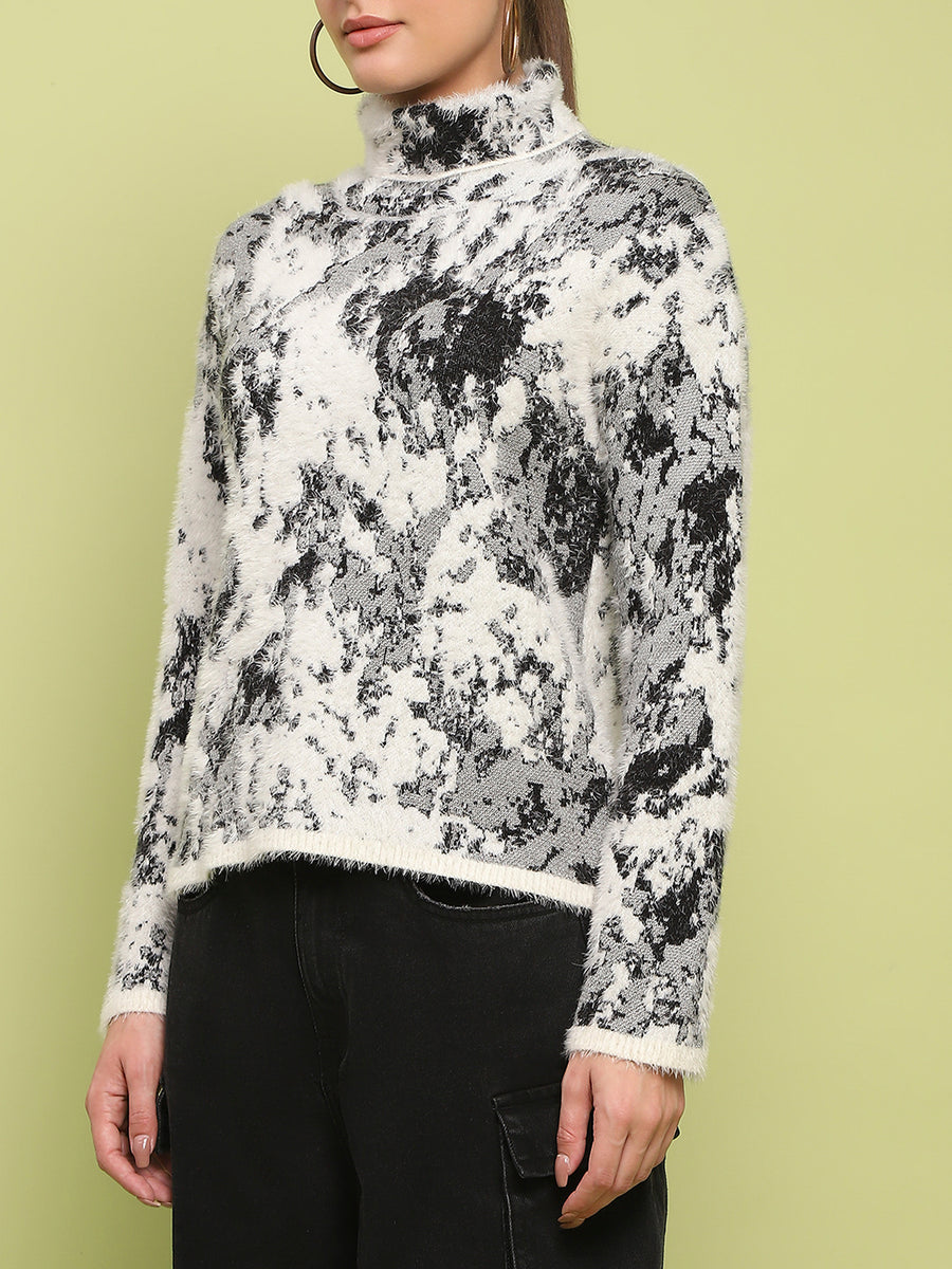 Madame Abstract Print Mock Neck Off White Sweater