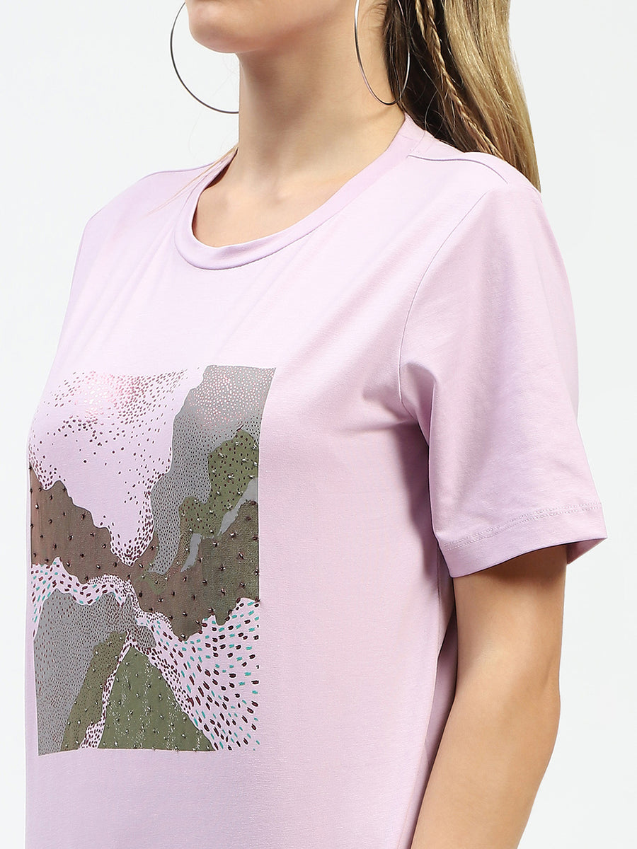 Madame Lilac Cotton Graphic Print T-Shirt