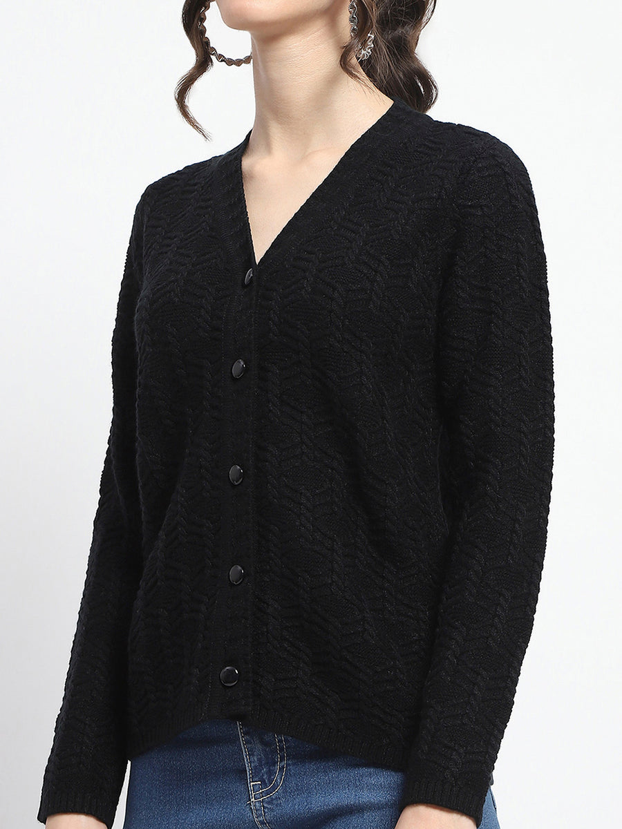 Madame Cable Knit V Neck Black Acrylic Blend Cardigan