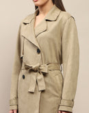 Madame Double Breasted Buckle Belt Detailed Solid Pista Green Trench Shrug