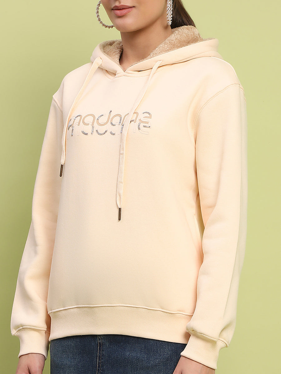 Madame Typography Print Hooded Beige Cotton Sweatshirt