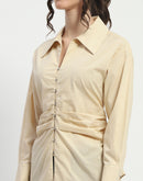 Madame Ruched Waist Wing Necked Solid Beige Cotton Shirt