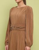 Madame Pleated Front Buckle Detailed Solid Golden Maxi Dress