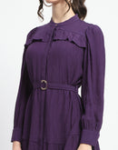 Madame Buckle Detailed Solid Purple Shirt Dress For Women