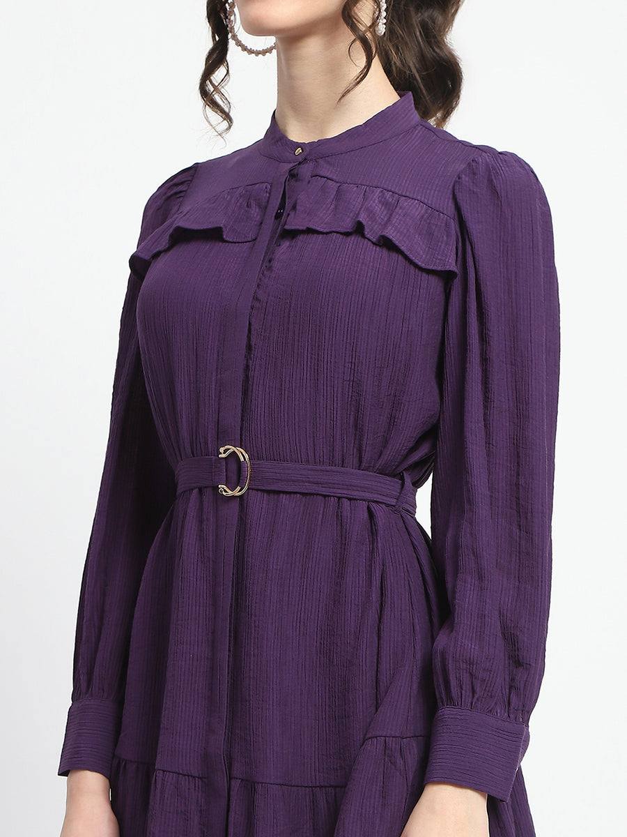 Madame Buckle Detailed Solid Purple Shirt Dress For Women