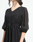 Madame Shimmery Tiered Belted Waist Black Midi Dress