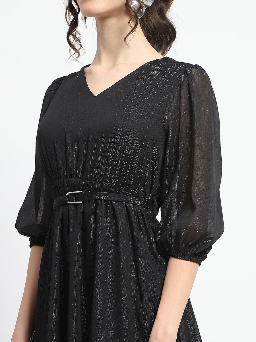 Madame Shimmery Tiered Belted Waist Black Midi Dress