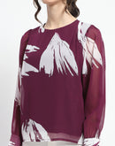 Madame Botanical Print Round Neck Plum Top