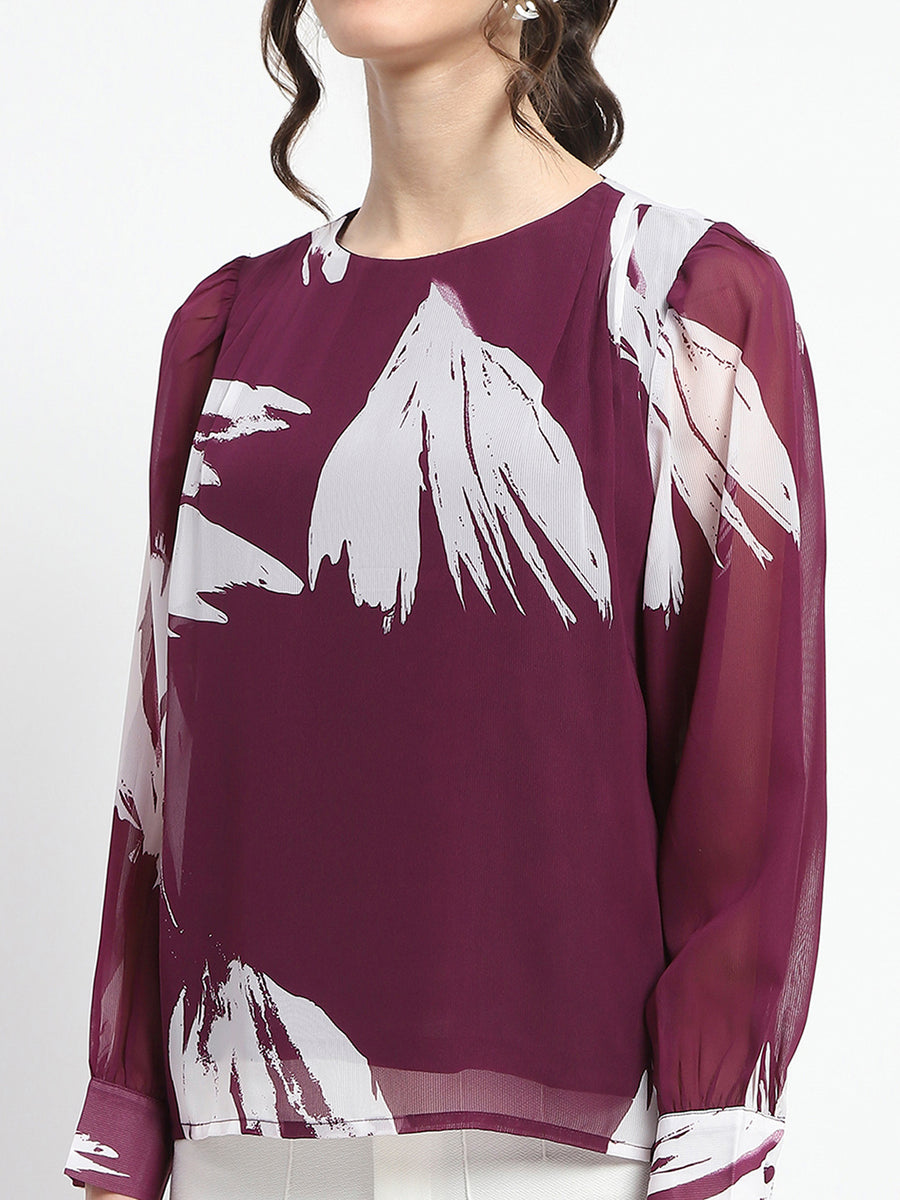 Madame Botanical Print Round Neck Plum Top