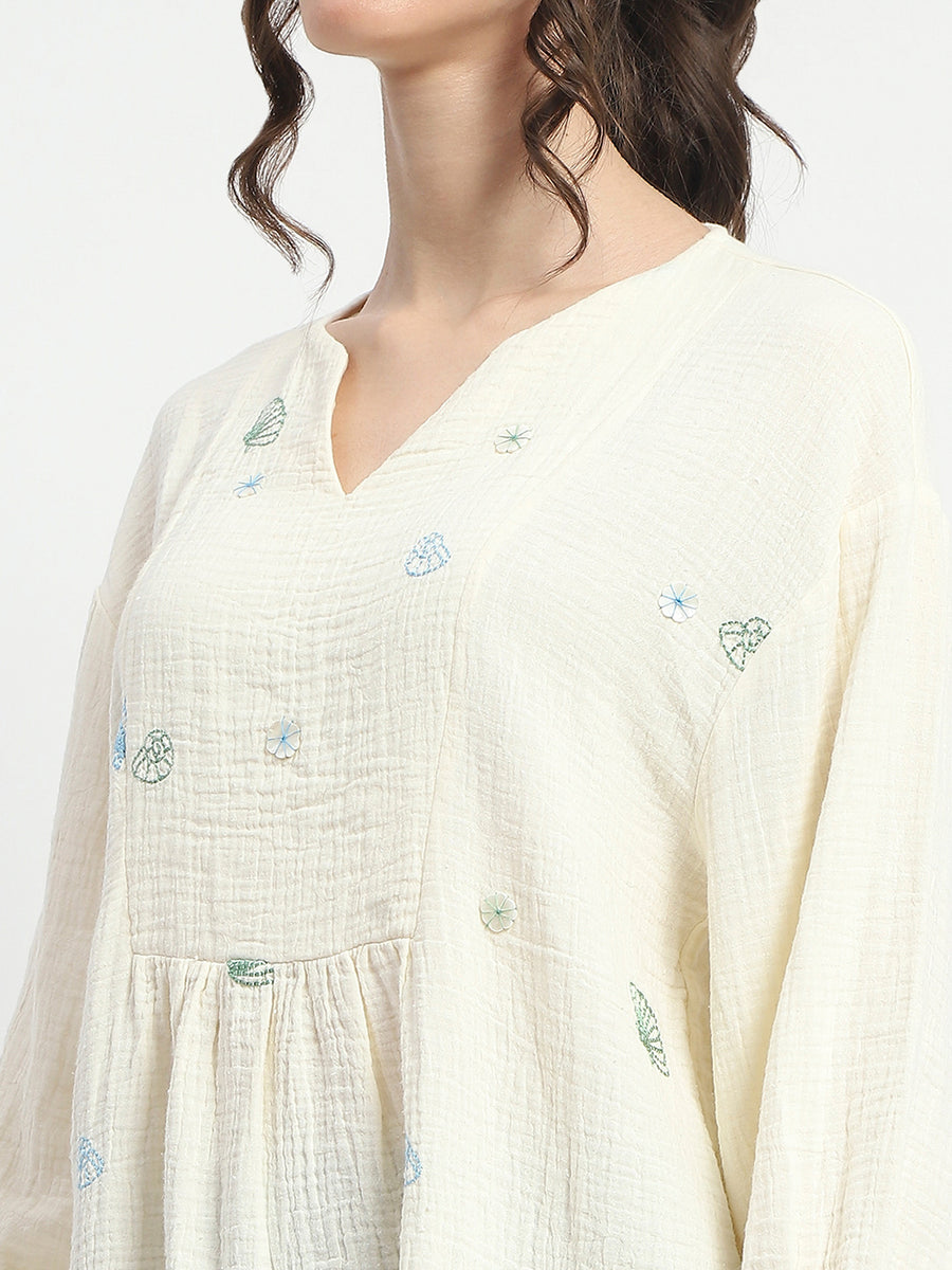 Madame Embroidered Boho Cotton Beige Top