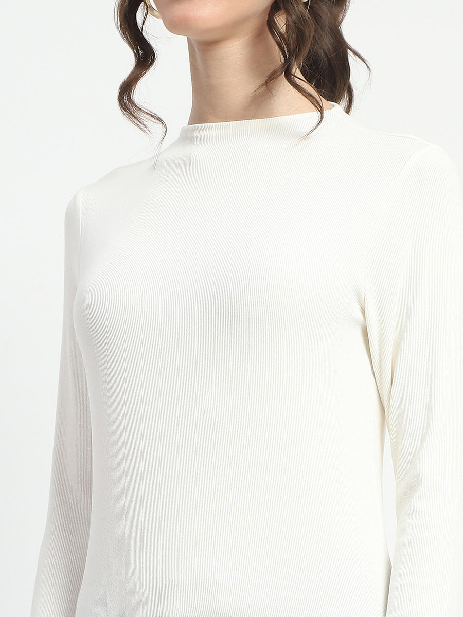 Madame High Neck Full Sleeve Solid White Top