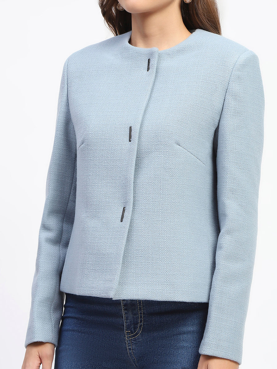 Madame Blue Crew Neck Buttoned Short Coat