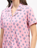 mSECRET Pink Button-Down Night Suit Set with Blue Floral Print