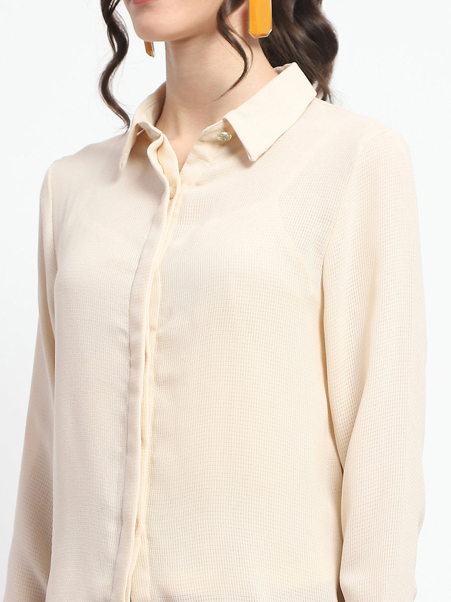 Madame Embellished Button Down Solid Beige Shirt Collar Shirt