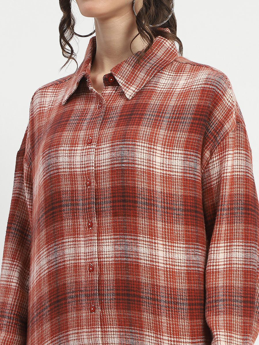 Madame Chequered Long Sleeved Cotton Brown Shirt