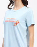 mSECRET Typography Adorned Sky Blue T-shirt with Floral Print Pyjama Nightsuit Set