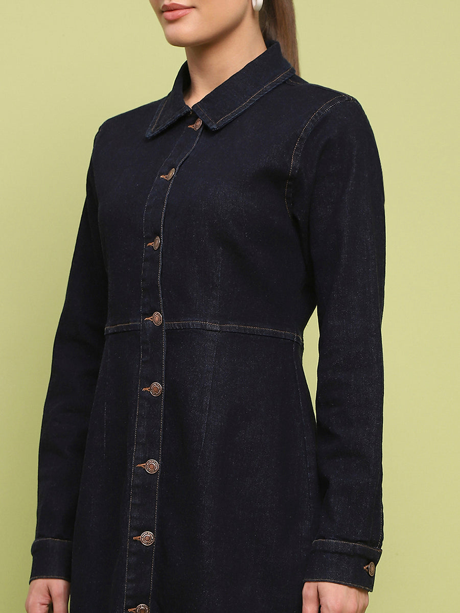 Madame Cotton Blend Belted Dark Indigo Mini Denim Dress