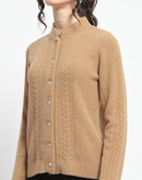 Madame Button Down Cable Knit Solid Khaki Cardigan