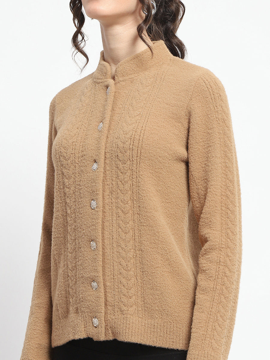 Madame Button Down Cable Knit Solid Khaki Cardigan