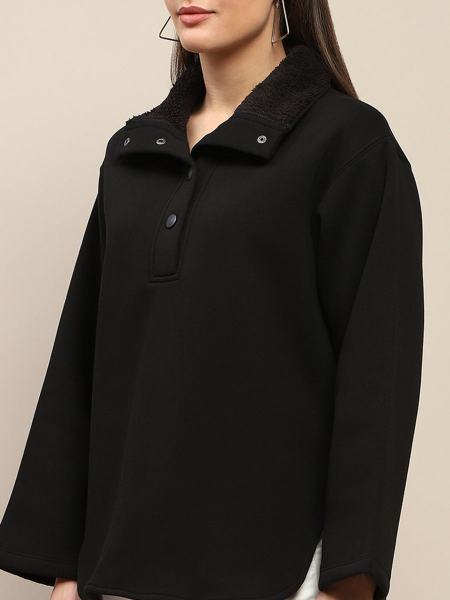 Madame Fleece Fur Attached Buttoned Black Zipper Sweatshirt