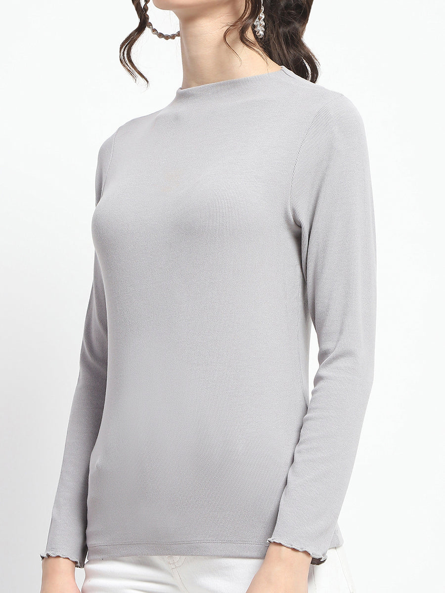 Madame High Neck Full Sleeve Solid Grey Top