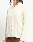 Madame Button Down Cable Knit Solid Beige Cardigan