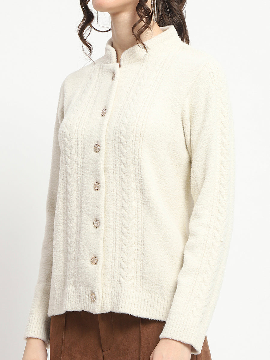 Madame Button Down Cable Knit Solid Beige Cardigan