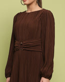 Madame Pleated Front Buckle Detailed Solid Chocolate Maxi Dress