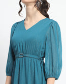 Madame Shimmery Tiered Belted Waist Teal Midi Dress