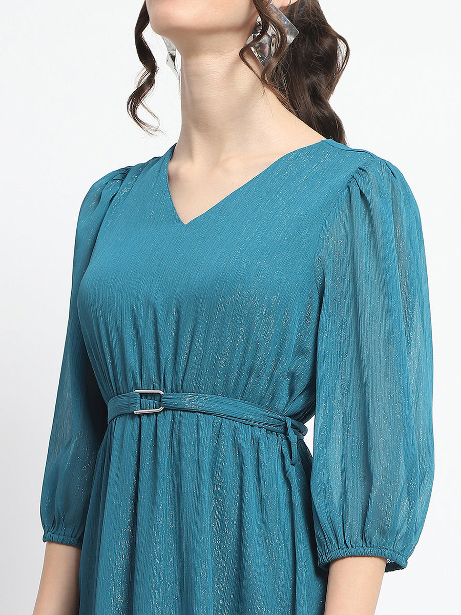 Madame Shimmery Tiered Belted Waist Teal Midi Dress