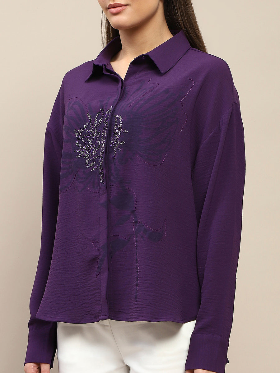 Madame Purple Print Sequin Embellished Shirt