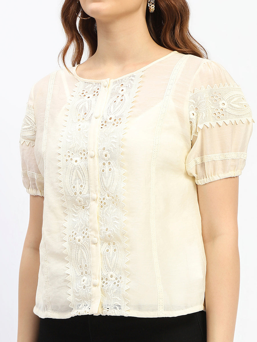 Madame Semi Sheer Off White Laced Cotton Top