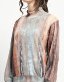 Madame Marble Print Full Sleeve Mock Neck Brown Top