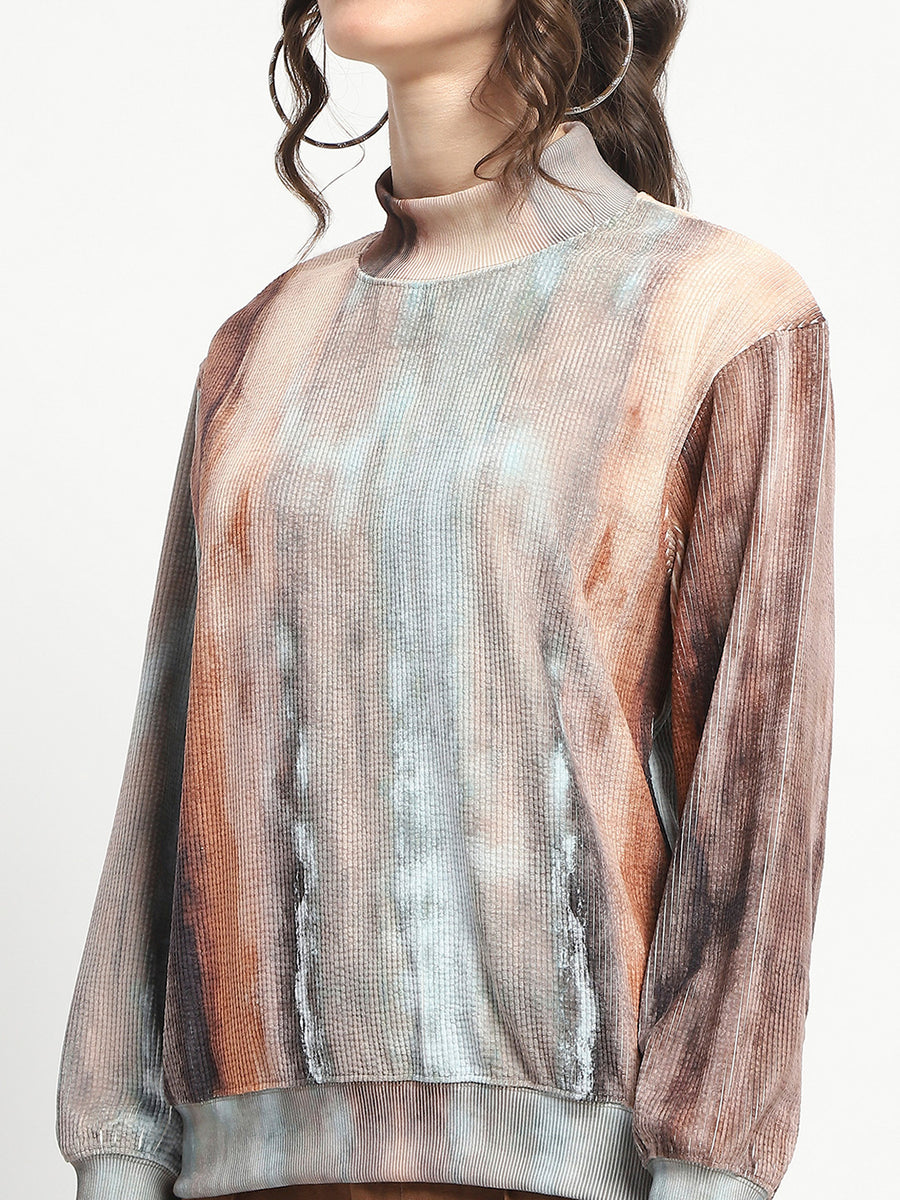 Madame Marble Print Full Sleeve Mock Neck Brown Top