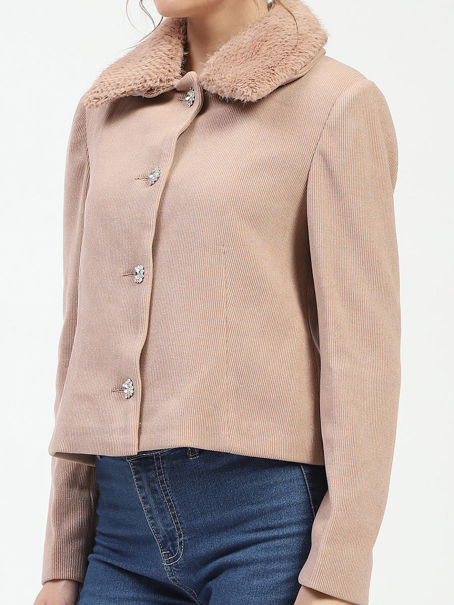 Madame Beige Coat with Faux Fur Collar