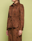 Madame Suede Belted Drawstring Top And Bottom Printed Brown Ensemble