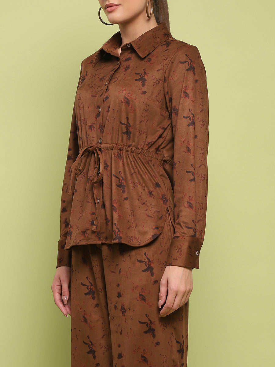 Madame Suede Belted Drawstring Top And Bottom Printed Brown Ensemble