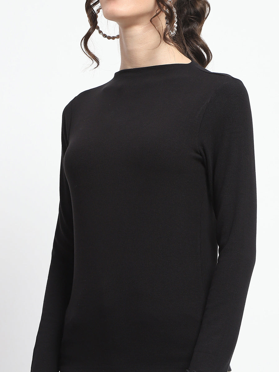 Madame High Neck Full Sleeve Solid Black Top