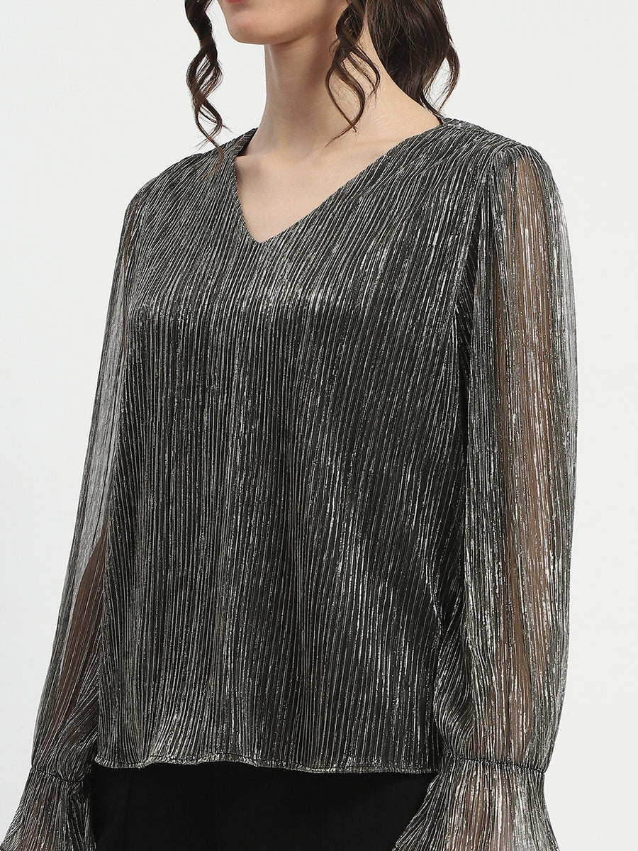 Madame Ruffle Sleeve Black Shimmery Top