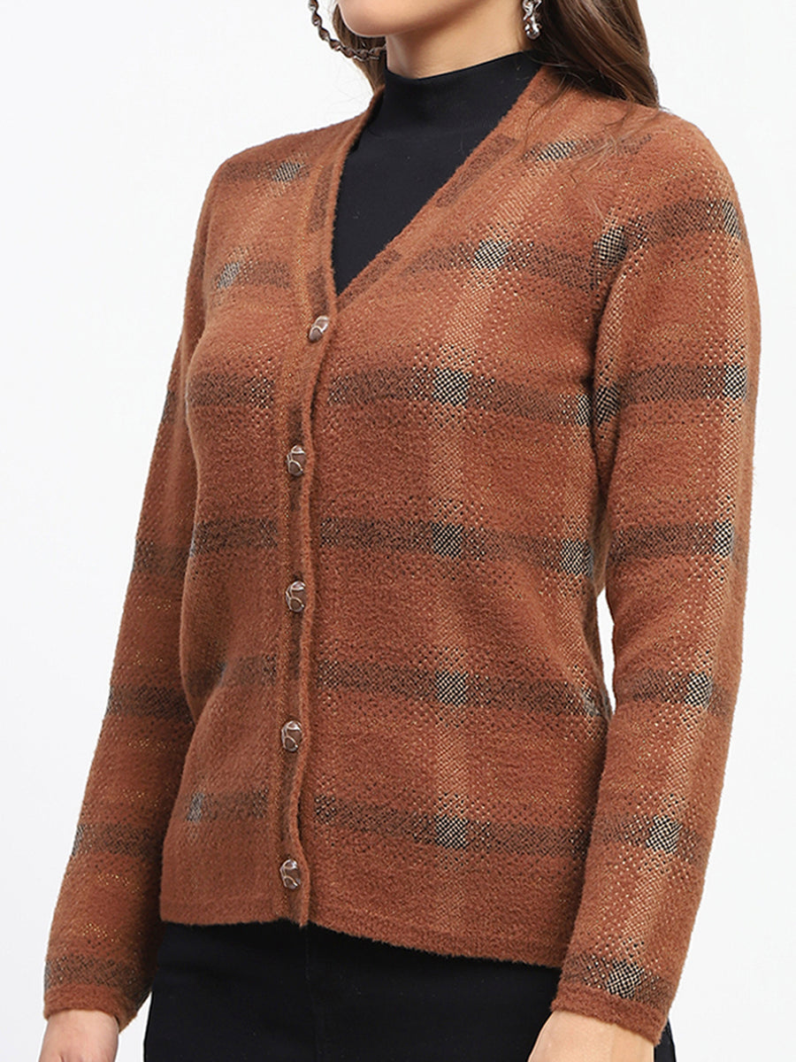 Madame Striped Brown V-Neck Buttoned Cardigan