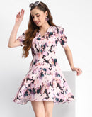 Madame Floral Print Puff Sleeve Mauve Mini Rayon Blend Dress