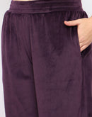 mSECRET Velour Branding Zipped Deep Wine Top and Bottom Night Suit