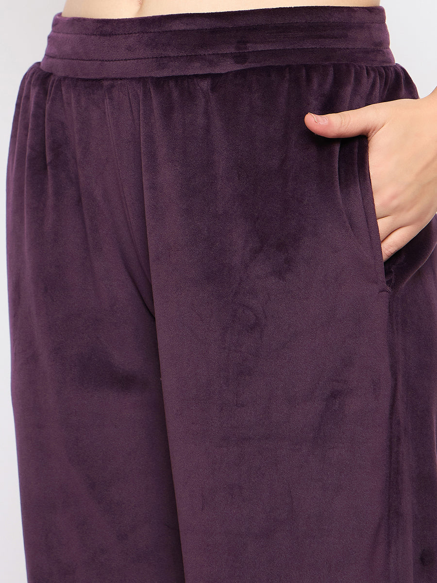 mSECRET Velour Branding Zipped Deep Wine Top and Bottom Night Suit