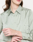 Madame Embellished Shirt Collar Solid Green Shirt