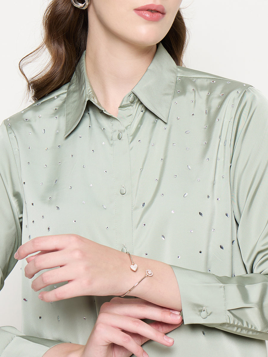 Madame Embellished Shirt Collar Solid Green Shirt